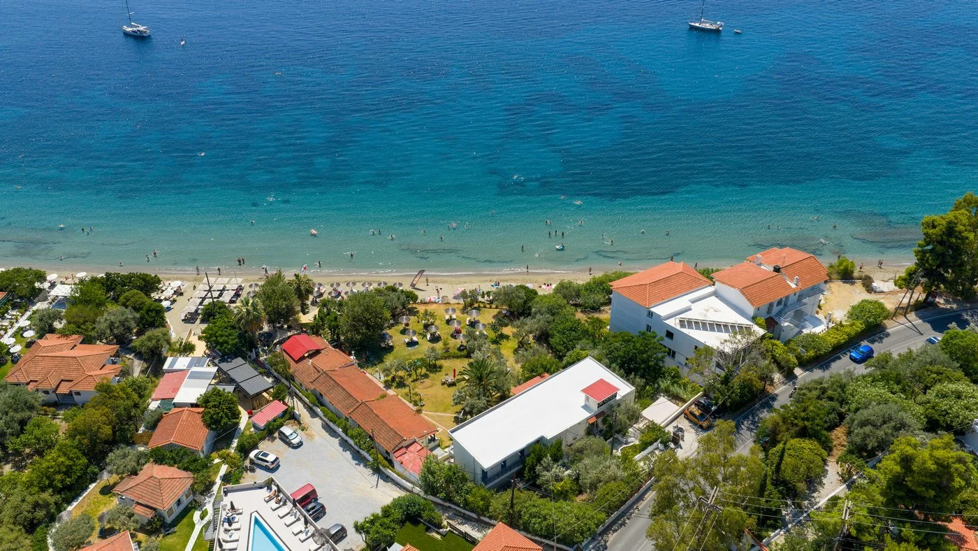 Angeliki garden and beachfront viewed from above